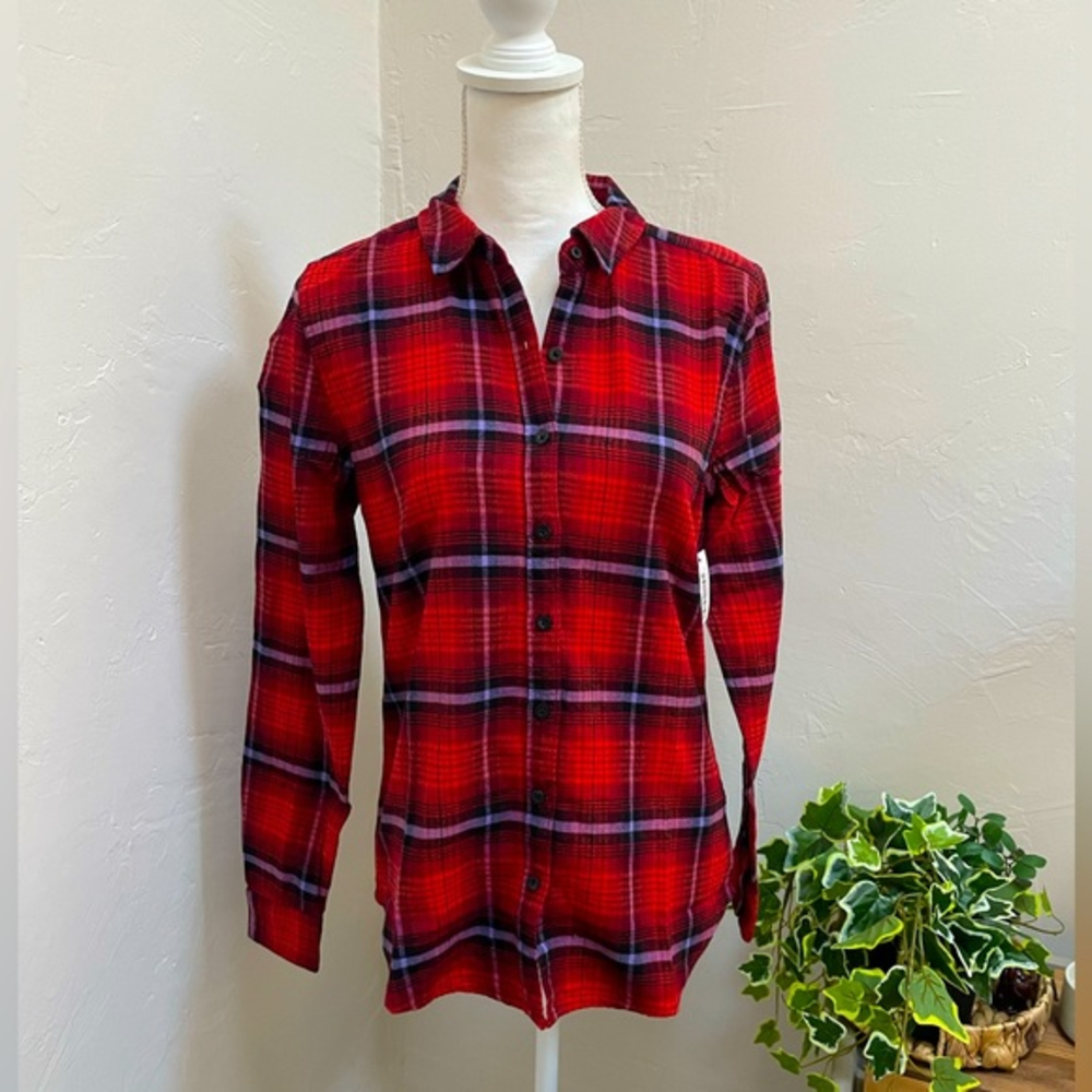 NWT GoodThreads Flannel Shirt Button Front Long Sleeve Collared Plaid Red Size M